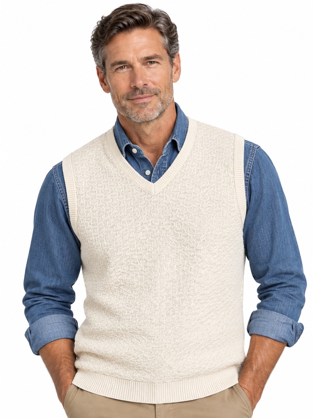 Bill Blass V-Neck 100% Cotton Cream Sweater Vest